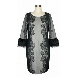 Valerie Stevens Women's Small Gray/Black Floral faux Fur Cuffs Midi Dress Formal